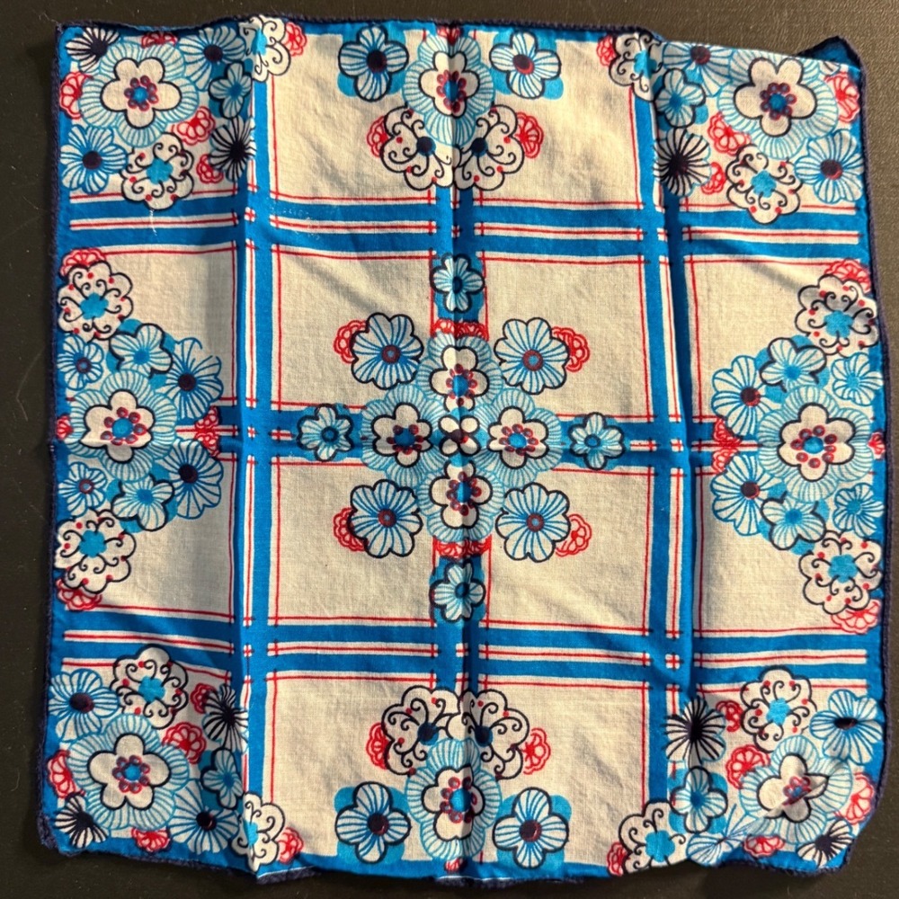 Vintage Floral Handkerchief Blue Red White Cotton Square Pocket Square 0494